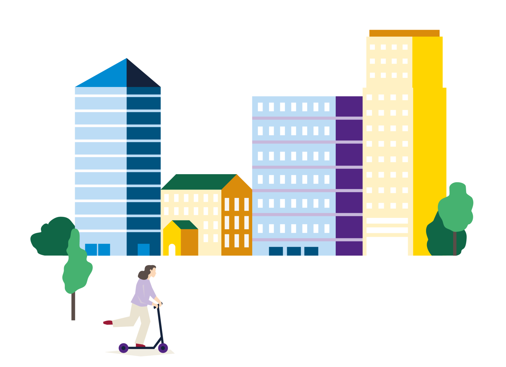 Illustratie van een kind op een step in een stedelijke omgeving.